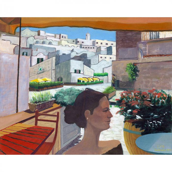 Donna davanti i Sassi di Matera
